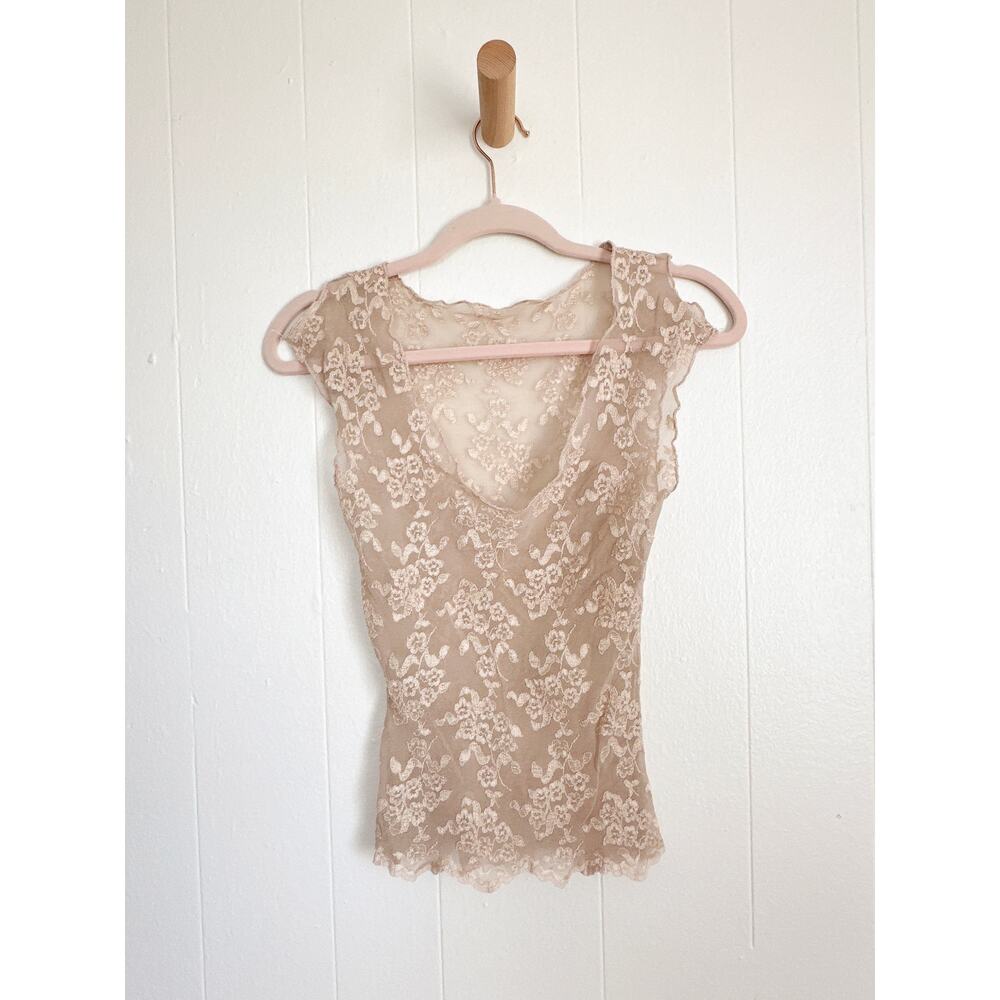 Vtg Y2K Sheer Floral Lace Top - XS Archival Cap Sleeve Coquette Night Out